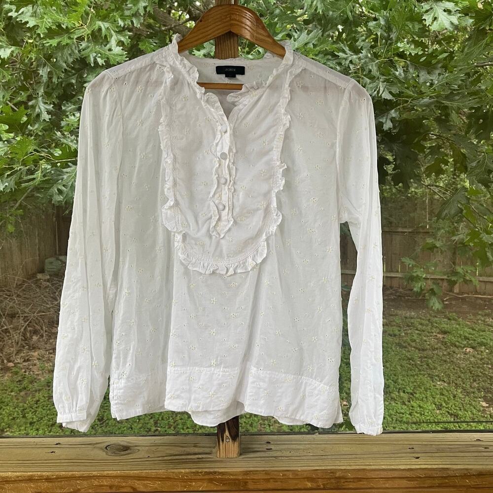 J.Crew Women's Long-Sleeve Ruffle Shirt In Floral Eyelet White Size M